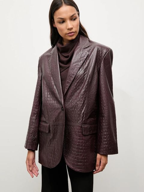 Answear.LAB marynarka skórzana kolor bordowy jednorzędowa gładka