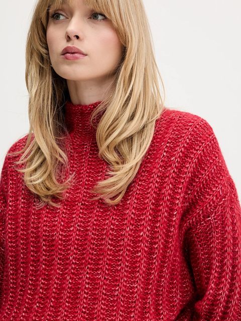 HUGO sweter z dodatkiem wełny damski kolor czerwony ciepły z półgolfem 50550210