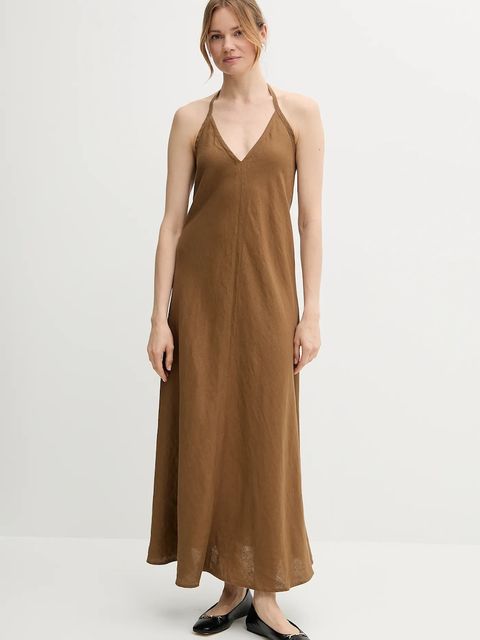 United Colors of Benetton sukienka lniana kolor brązowy maxi rozkloszowana 4AGHDV0BF - zdjęcie produktu nr 1