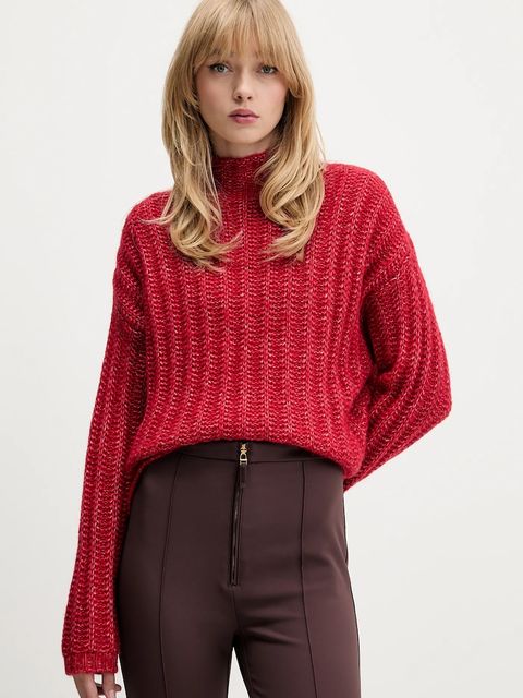 HUGO sweter z dodatkiem wełny damski kolor czerwony ciepły z półgolfem 50550210 - zdjęcie produktu nr 1