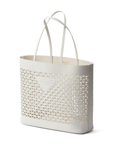 Prada logo-perforated leather tote bag - White