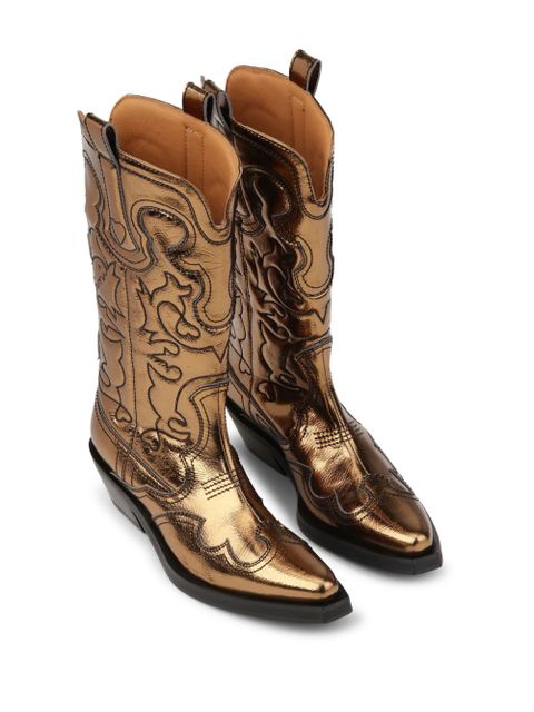 GANNI embroidered metallic-effect Western boots - Gold - zdjęcie produktu nr 2