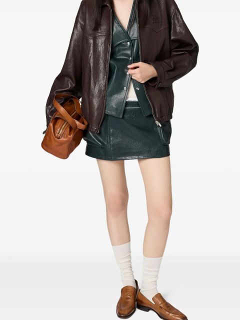 Miu Miu logo-relief regular-fit leather jacket - Brown