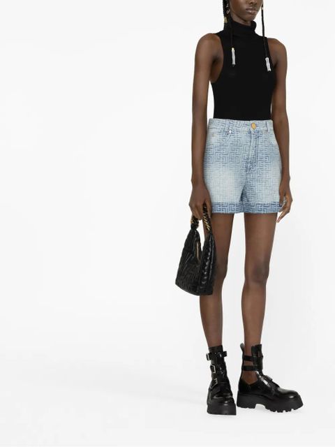 Balmain monogram-print cotton denim shorts - Blue