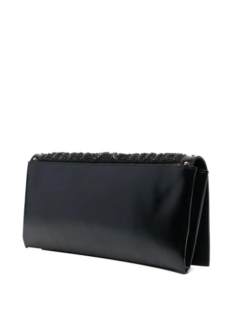 Balmain crystal-embroidered leather clutch bag - Black