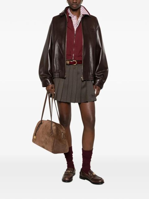 Miu Miu logo-detail leather jacket - Brown