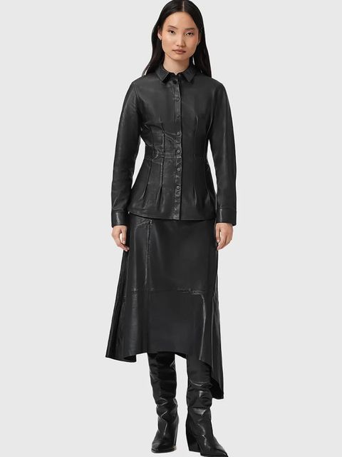 AllSaints spódnica skórzana kolor czarny midi rozkloszowana W073RD