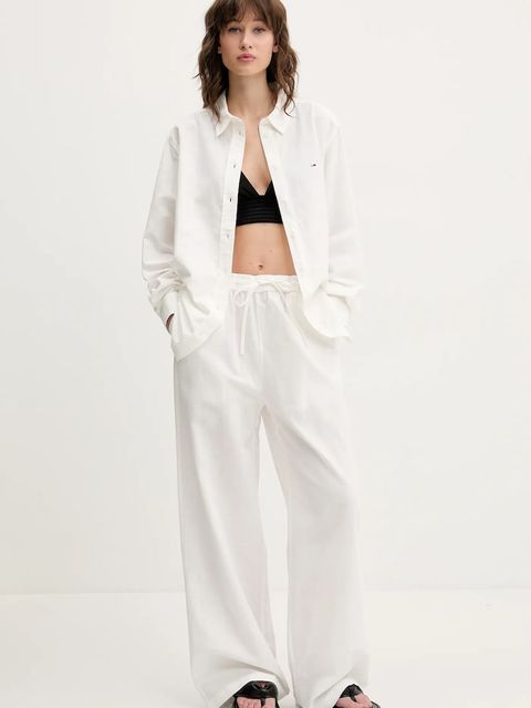 Tommy Jeans spodnie z domieszką lnu damskie kolor beżowy szerokie high waist DW0DW20352 - zdjęcie produktu nr 2