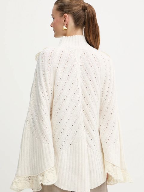 Twinset sweter z dodatkiem wełny damski kolor beżowy z półgolfem 252TS3353