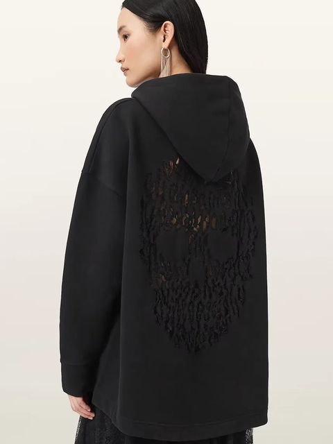 AllSaints bluza z bawełną CRANEO damska kolor czarny z kapturem z aplikacją W064JD - zdjęcie produktu nr 1