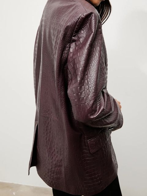 Answear.LAB marynarka skórzana kolor bordowy jednorzędowa gładka