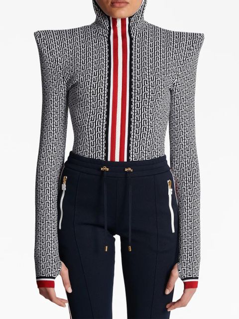 Balmain monogram-print hooded bodysuit - Blue