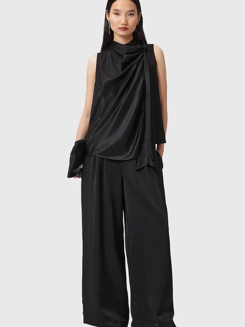 AllSaints bluzka z dodatkiem jedwabiu HERELA damska kolor czarny gładka W011PD