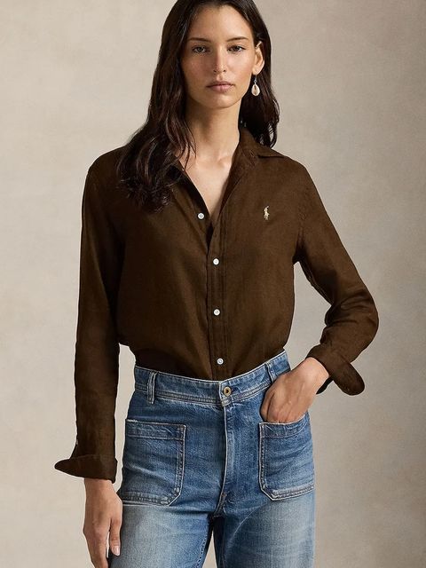 Polo Ralph Lauren koszula lniana kolor brązowy relaxed z kołnierzykiem klasycznym 211970730 - zdjęcie produktu nr 1