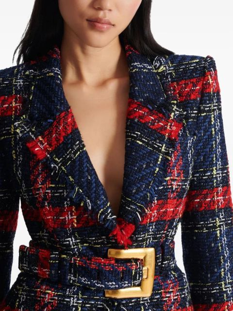 Balmain belted plaid tweed jacket - Blue