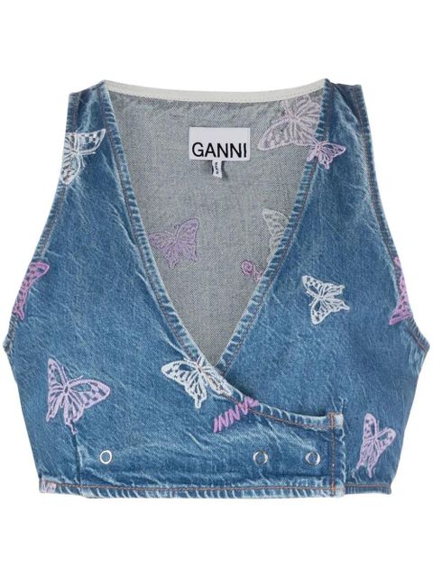 GANNI embroidered denim crop top - Blue - zdjęcie produktu nr 1