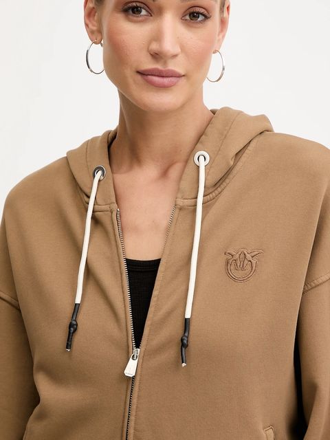 Pinko bluza bawełniana damska kolor brązowy z kapturem gładka 105509 A2RB