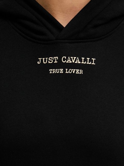 Just Cavalli bluza bawełniana damska kolor czarny z kapturem z nadrukiem 79PAIT01 CF502