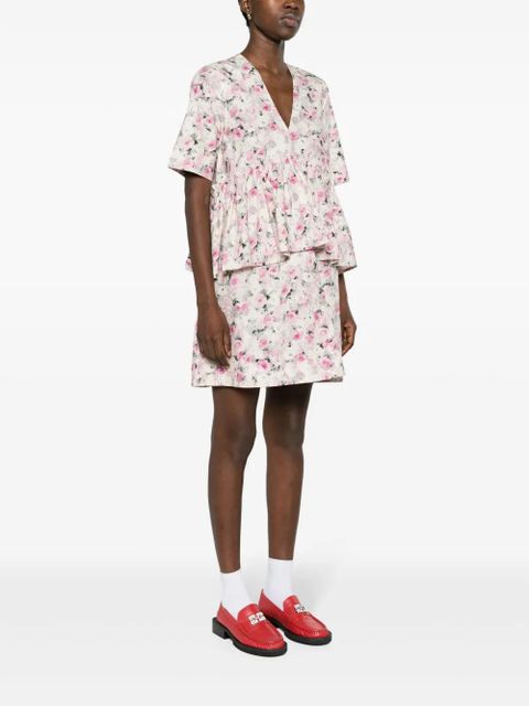 GANNI floral-print ruffled dress - White