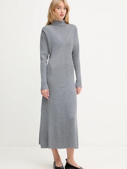 BOSS sukienka wełniana kolor szary maxi rozkloszowana 50548520