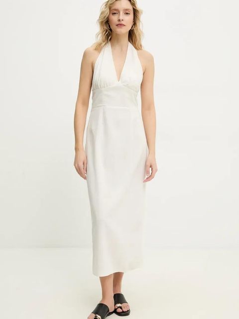 Answear.LAB sukienka z lnem kolor beżowy midi rozkloszowana - zdjęcie produktu nr 1