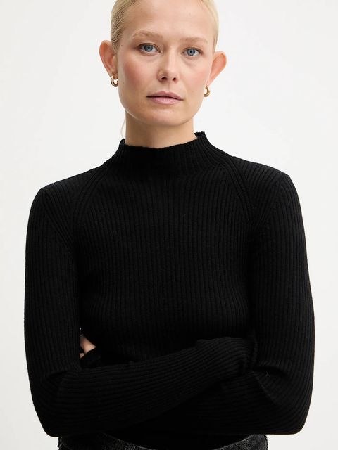 Twinset sweter wełniany damski kolor czarny lekki z półgolfem 252TT3111