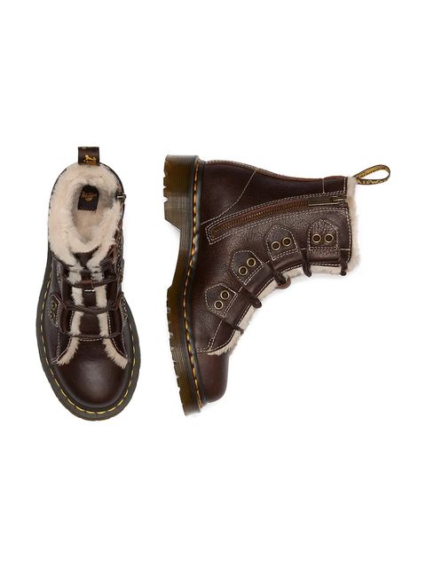 Dr. Martens workery skórzane 1460 LTT Fur Lined damskie kolor brązowy na platformie lekko ocieplone DM41417200