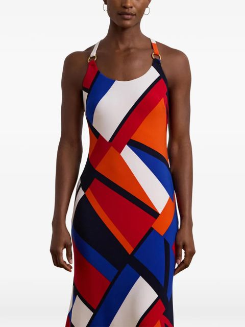 Lauren Ralph Lauren geometric-print halterneck maxi dress - Blue