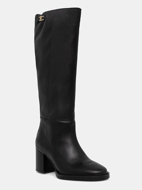 Tommy Hilfiger kozaki skórzane STACKED HEEL LEATHER LONG BOOT damskie kolor czarny na słupku FW0FW08865 - zdjęcie produktu nr 1
