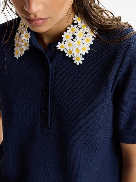 Essentiel Antwerp floral-embellished fine-knit polo top - Blue