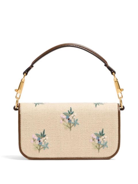 Valentino Garavani Locò small linen shoulder bag with embroidery - Neutrals