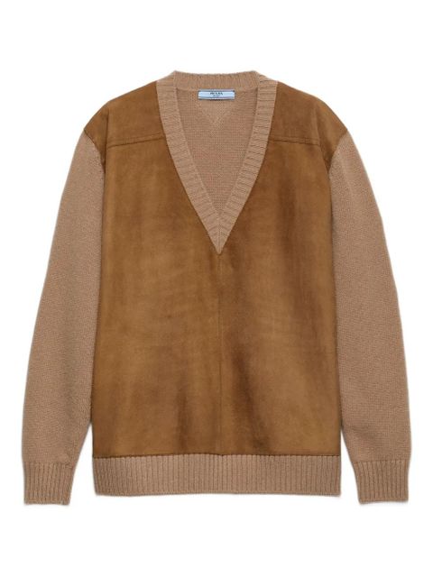 Prada suede-panel V-neck sweater - Brown - zdjęcie produktu nr 1