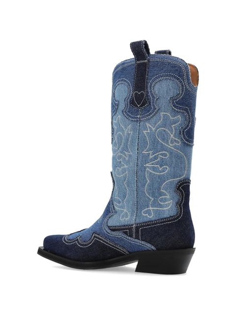 GANNI embroidered denim boots - Blue