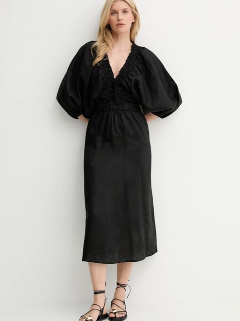 Answear.LAB sukienka lniana kolor czarny midi rozkloszowana - zdjęcie produktu nr 2