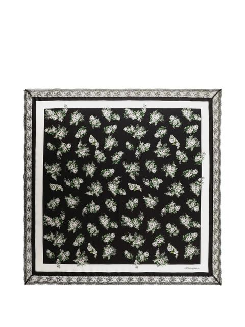 Dolce & Gabbana 90x90 small flower bouquet-print silk twill scarf with lace insert - Black - zdjęcie produktu nr 1