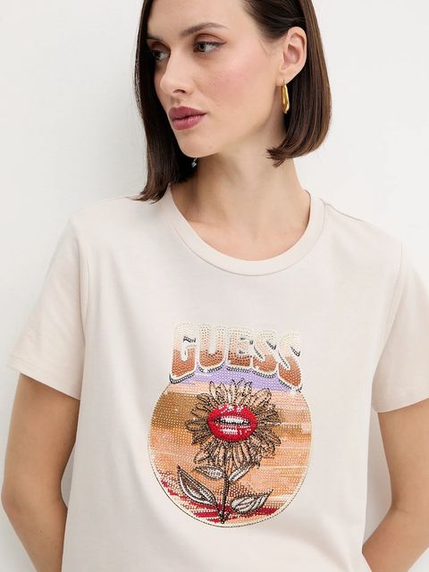 Guess t-shirt bawełniany damski kolor beżowy W5YI32 K9RM1