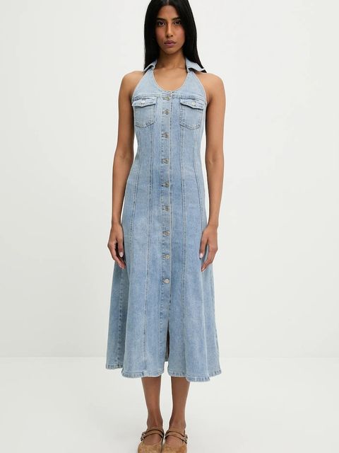 Answear.LAB sukienka jeansowa kolor niebieski maxi rozkloszowana