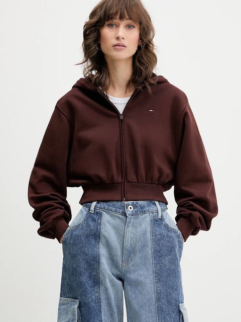 Tommy Jeans bluza bawełniana damska kolor brązowy z kapturem gładka DW0DW21590 - zdjęcie produktu nr 1