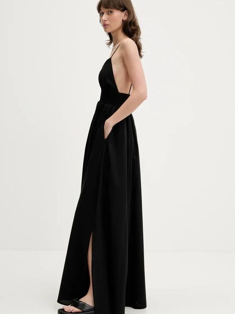 HUGO sukienka bawełniana kolor czarny maxi rozkloszowana 50536456