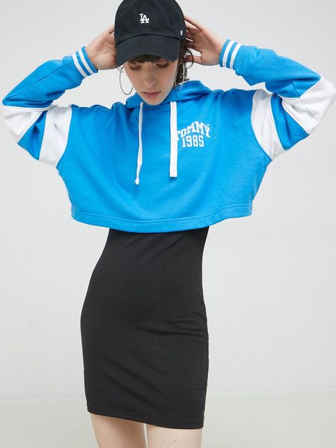 Tommy Jeans bluza damska kolor niebieski z kapturem wzorzysta