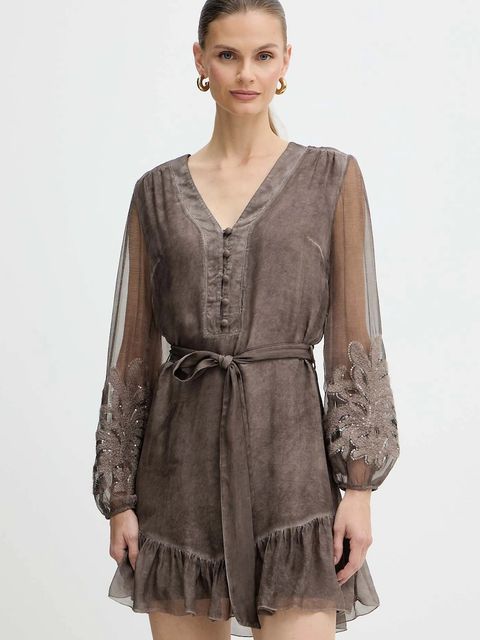 Guess sukienka z dodatkiem jedwabiu CAMILLA kolor brązowy mini prosta W5BK76 WE550 - zdjęcie produktu nr 1