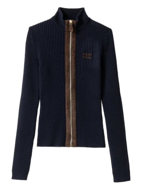 Miu Miu leather-trim ribbed zip-up cardigan - Blue - zdjęcie produktu nr 1