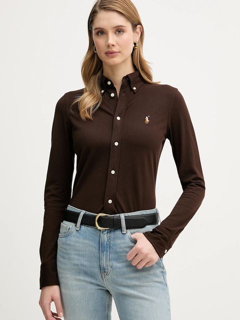 Polo Ralph Lauren koszula bawełniana damska kolor brązowy regular z kołnierzykiem klasycznym 211924258 - zdjęcie produktu nr 1