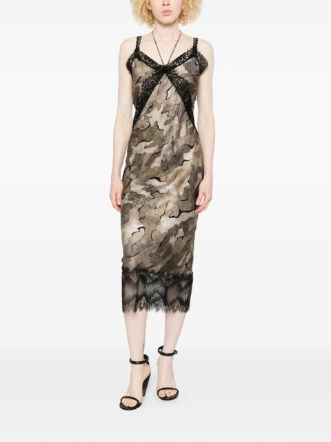 PINKO Rabbocco camouflage-print lace-trim midi dress - Green - zdjęcie produktu nr 2