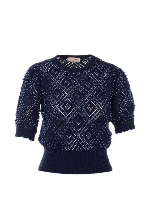 TWINSET pearl-embellished knitted T-shirt - Blue - zdjęcie produktu nr 1