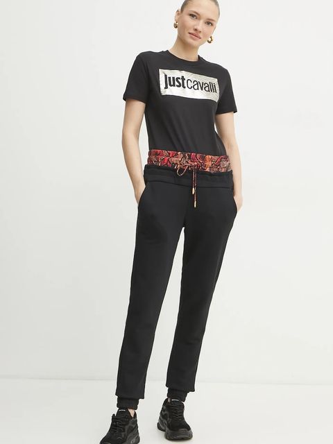Just Cavalli spodnie dresowe damskie kolor czarny z nadrukiem 78PAAE01 CF100