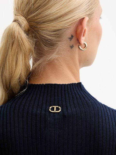 Twinset sweter wełniany damski kolor granatowy lekki z półgolfem 252TT3111