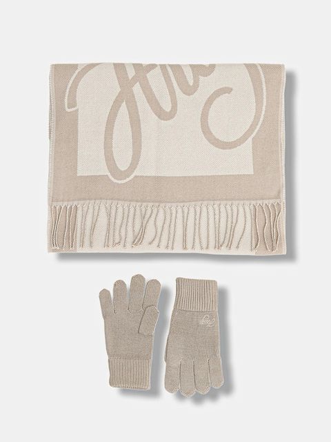 HUGO szalik i rękawiczki damski kolor beżowy wzorzysty 50551647