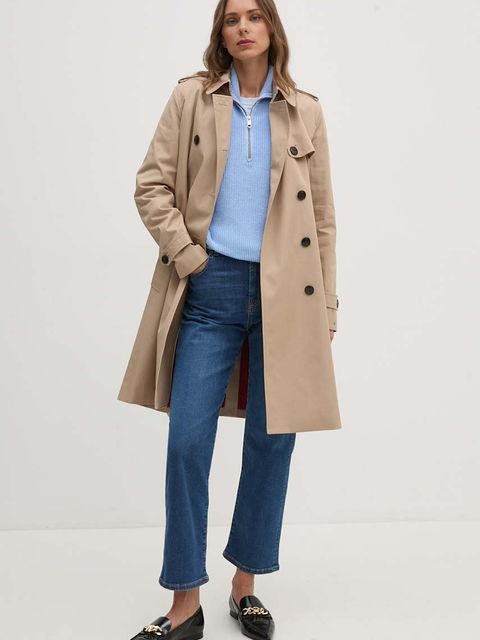 Tommy Hilfiger trencz damski kolor beżowy przejściowy dwurzędowy WW0WW42133
