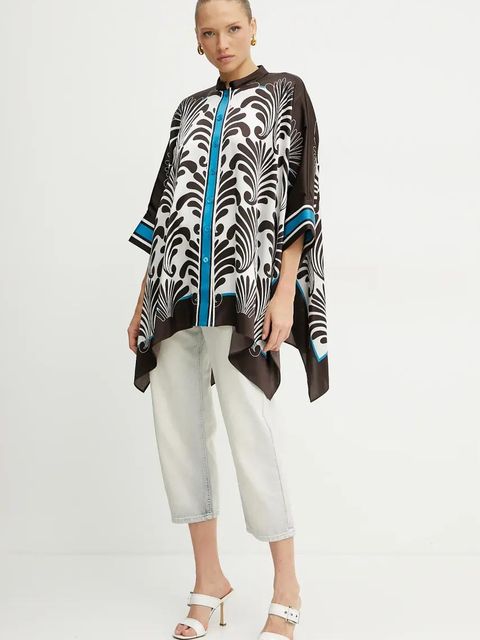 Luisa Spagnoli koszula jedwabna damska kolor brązowy relaxed ze stójką 541734